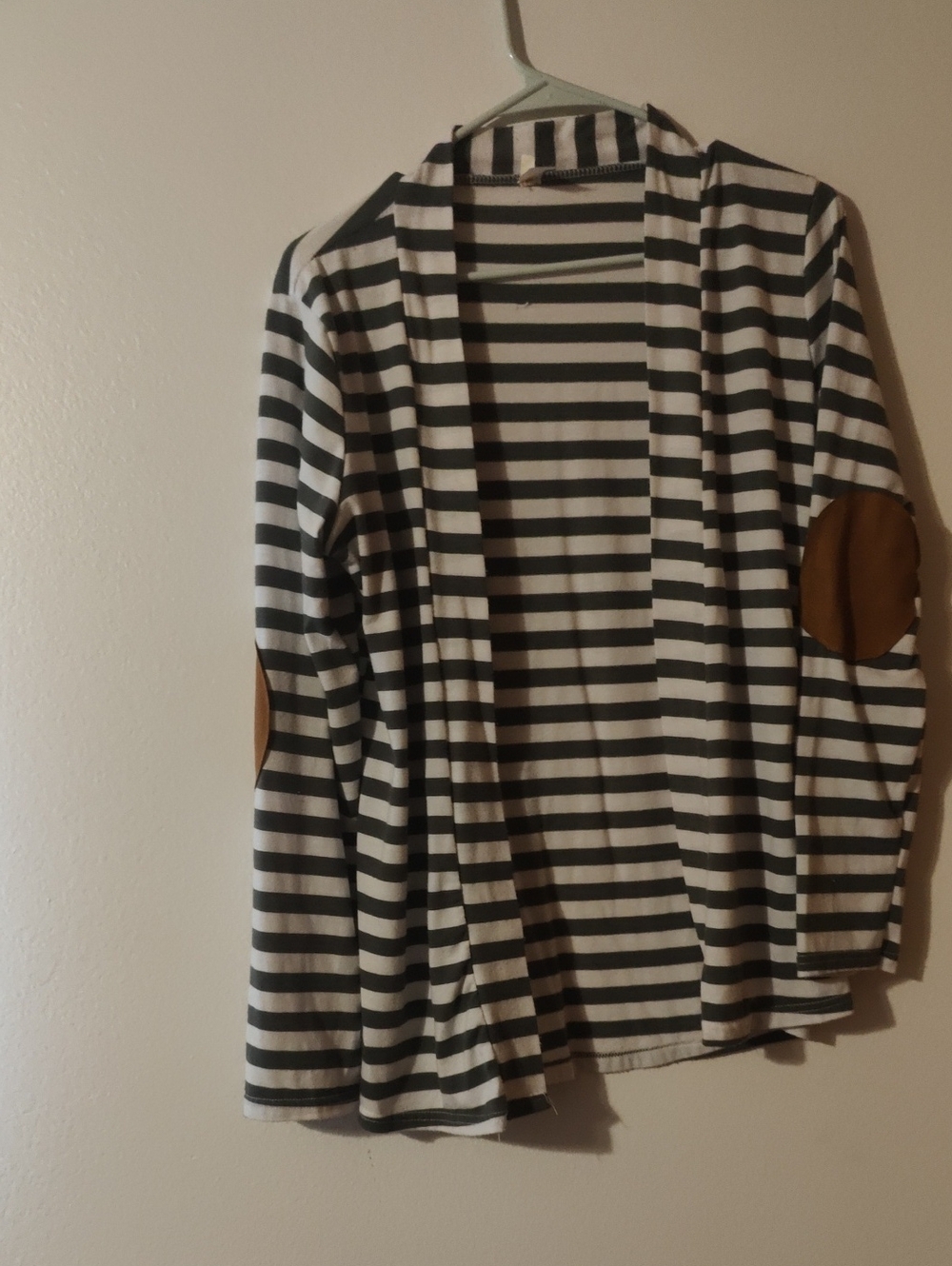 Striped Open-Front Cardigan with Tan Elbow Patches - Women's Jacket